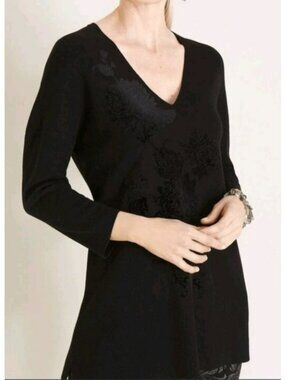 NWT Chicos Black Pullover Sweater Velvet Applique Floral Design V-Neck Sz 3 (XL)